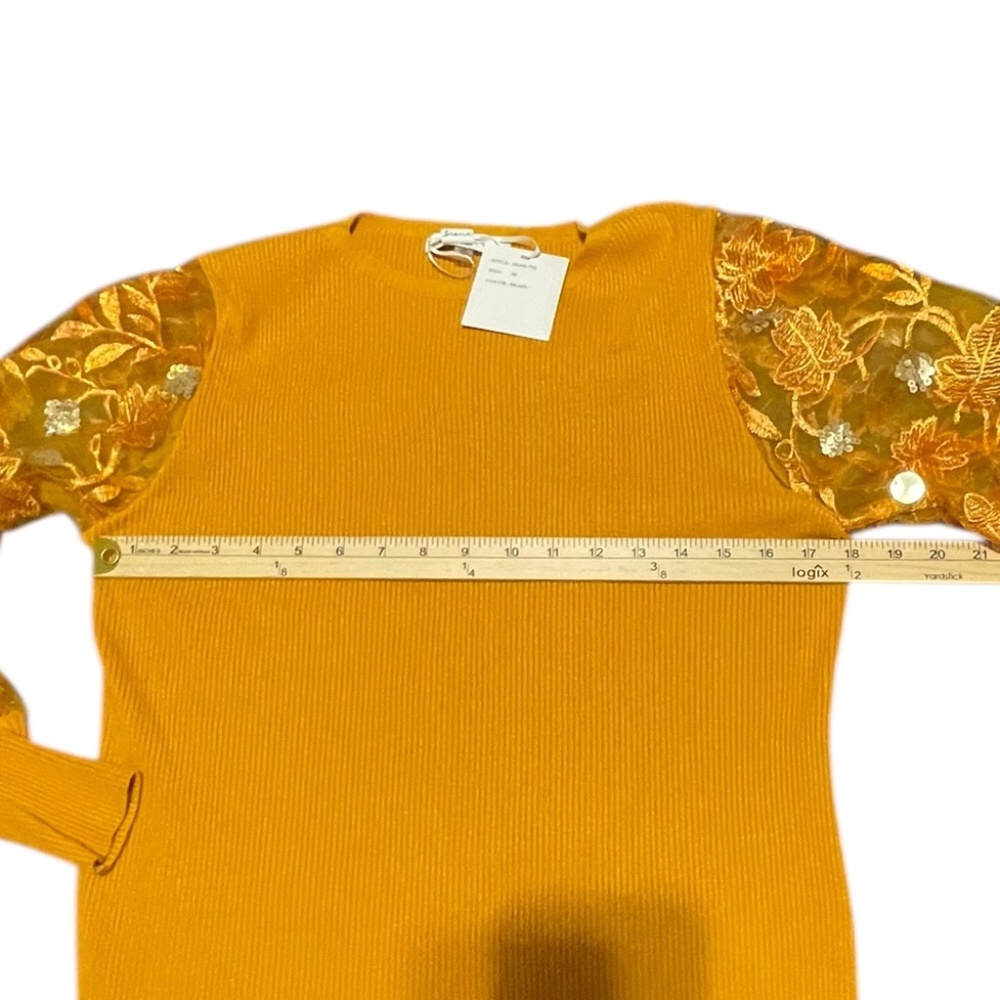 Sioni Milano Sweater Puffed Sheer Sequenced Sleeves Med Ribbed Knit Stretch NWT - Picture 5 of 13